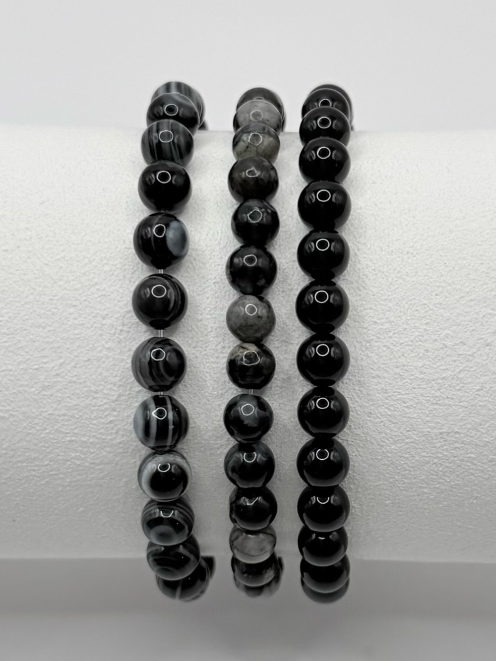 Black Eyed Agate, Riolite & Black Onyx Semi-Precious Bead Stackable Bracelets